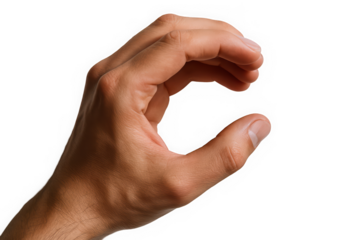 A close-up of a male hand making a gesture, indicating a small size with fingers curved in a circular shape.