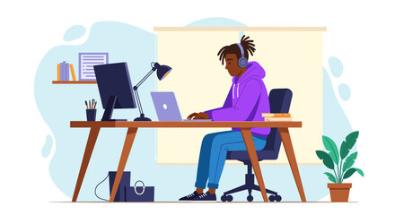 Young man working from home at his desk, perfect for illustrating remote work, freelance, or online learning.