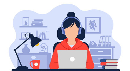 Woman working from home on laptop, wearing headphones. Perfect for blog posts about remote work, productivity, or online learning.