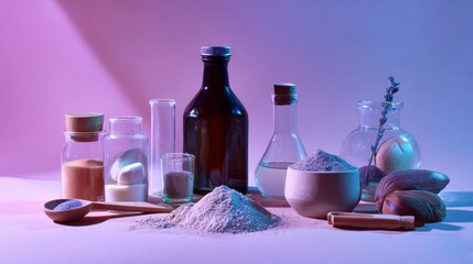 Colorful ingredients and apothecary containers on purple blue gradient background clean wellness and health design scene