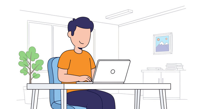 Illustration of a person working on a laptop at home, ideal for websites or blogs about remote work.