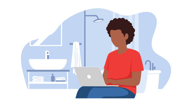 Person working on laptop in modern bathroom, ideal for website banners or blog posts about remote work or work-life balance.