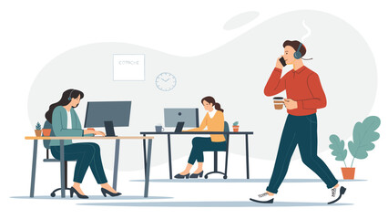 Modern Office Workers: Illustration of a collaborative workspace, perfect for website banners, presentations, and marketing materials.