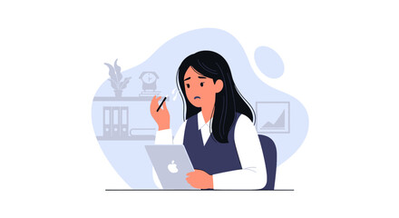 Worried businesswoman working on tablet in office, perfect for websites and presentations about stress, deadlines, or work-life balance.