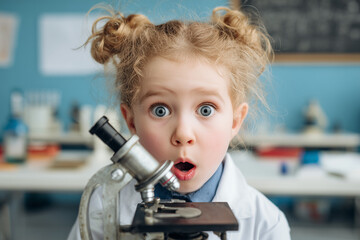 Surprised young girl wearing glasses looking through microscope in science classroom.