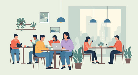 Diverse group of people working and relaxing in a modern cafe, ideal for website banners or brochures.