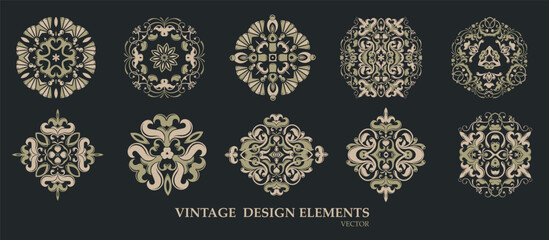 Vector. Elegant selection of round and square ornaments in creamy gold and black palette. Suitable for wedding designs, vintage brands, packaging and prints.
