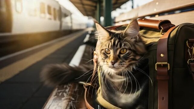 Adventurous Maine Coon Cat Peeking from a Stylish Carrier Bag at a Sunlit Train Station, Capturing the Spirit of Travel and Companionship on a Journey to New Destinations