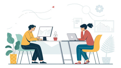 Two colleagues collaborating on a project, analyzing data on their computers. Ideal for websites, presentations, and marketing materials related to teamwork and data analysis.