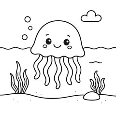 Obraz premium Smiling Cartoon Jellyfish in Underwater Scene Coloring Page