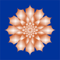 A mesmerizing geometric flower with glowing amber petals radiates from the center, set against a deep royal blue background, evoking fiery elegance.