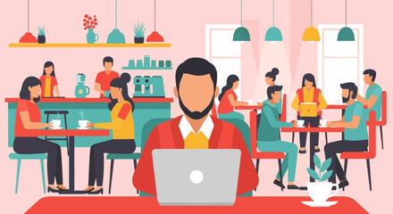 Busy cafe illustration, perfect for website banners, brochures, or social media posts showcasing a vibrant atmosphere.