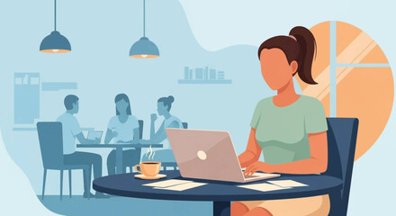Woman working on laptop in cafe, with blurred colleagues in background. Ideal for website banners or marketing materials.