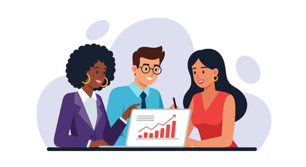 Diverse business team analyzing growth chart on laptop, ideal for website or presentation.