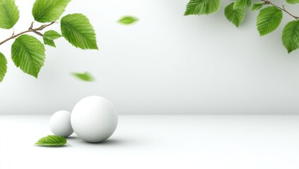 Minimalist Scene Green leaves frame a stark white space with two white spheres on a reflective surface.  Few leaves float subtly. Light, airy, and clean presentation evokes natural calm