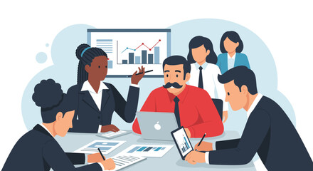 Diverse business team collaborating around a table, reviewing data and charts. Ideal for presentations on teamwork, collaboration, or data analysis.