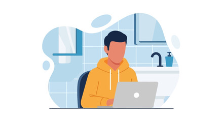 Man working on laptop in bathroom, illustration for work from home, remote work, or flexible work concepts.