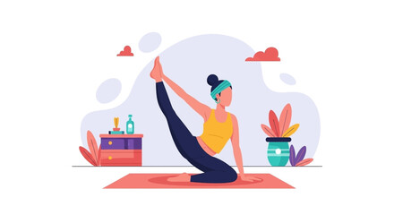 Woman practicing yoga at home, perfect for wellness websites or brochures.