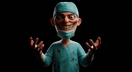 Sinister surgeon: A hauntingly grinning character with bloodied hands and scrub suit