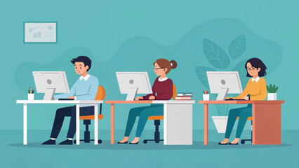 Teamwork in modern office: Illustration of three colleagues working on computers. Perfect for websites, presentations, and brochures.