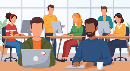 Diverse team of professionals working collaboratively in a modern office. Ideal for websites, presentations, and brochures related to teamwork, technology, and business.