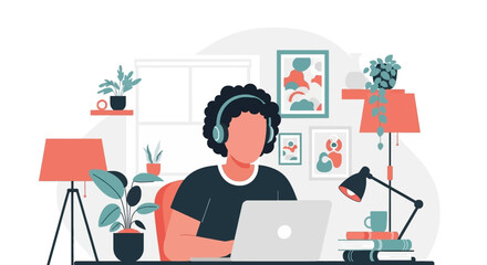 Person working from home on laptop, wearing headphones, surrounded by plants and books. Ideal for blog posts about remote work or home office setup.