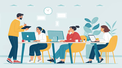 Teamwork in a modern office: Illustration perfect for websites, brochures, and presentations on collaboration.