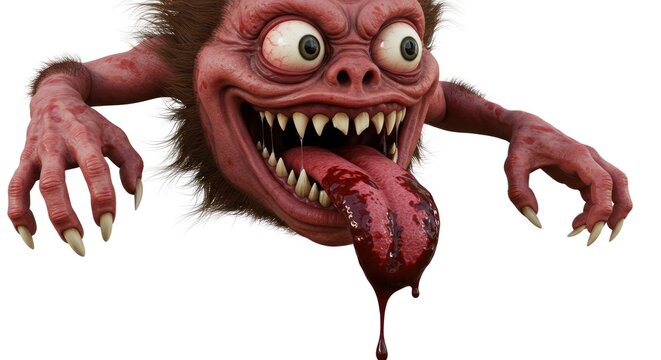 Terrifying creature with sharp teeth dripping blood and clawed hands extending outward