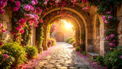 Sunlit stone path arches through a rose-covered passage, leading to a tranquil courtyard