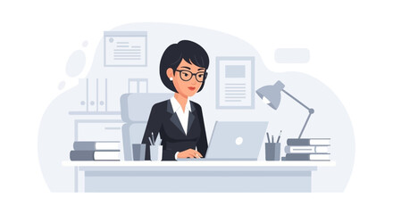 Businesswoman working on laptop at her desk. Ideal for websites, presentations, and marketing materials.