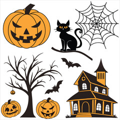 Fototapeta premium Halloween. Halloween Icon Set. Halloween set clipart vector. Halloween Flat Design Icon Set. Set of Halloween Pumpkins Silhouette. Halloween cartoon 