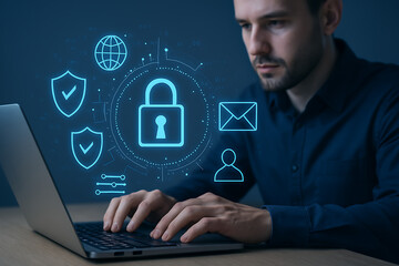 Man works on laptop with digital security icons symbolizing data protection and online safety