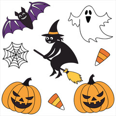 Halloween. Halloween Icon Set. Halloween set clipart vector. Halloween Flat Design Icon Set. Set of Halloween Pumpkins Silhouette.  Halloween cartoon 