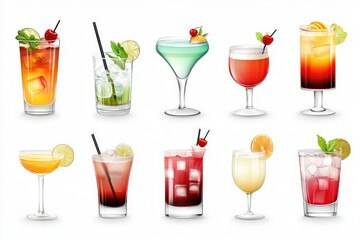 Realistic Cocktail Icons Collection with Vibrant Colors and Intricate Details