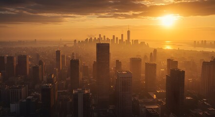 Fototapeta premium Golden sunset over a hazy New York City skyline, showcasing numerous skyscrapers.