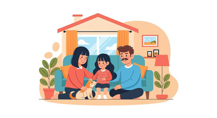 Happy family with pet dog at home, perfect for family blog, website or social media.