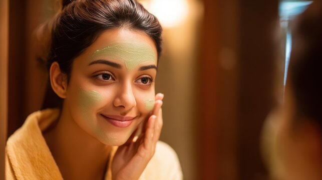 Indian woman applying Multani mitti on face mask - Powered by Adobe