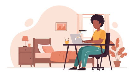 Person working from home on laptop, ideal for remote work, freelance, or work-life balance illustrations.