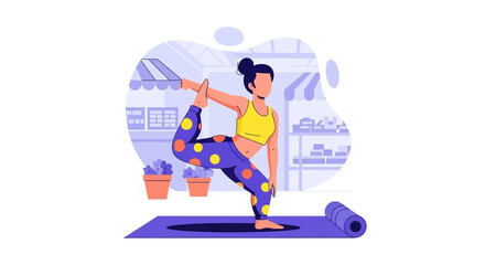 Woman practicing yoga in Natarajasana pose, perfect for wellness websites or fitness brochures.