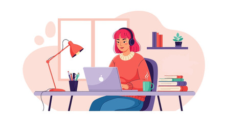 Young woman working from home on laptop, perfect for blog posts about remote work or online learning.