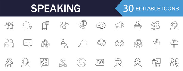 Speaking line Icon Set. Features icons of communication, public speech, and presentation. Perfect for marketing and educational apps.