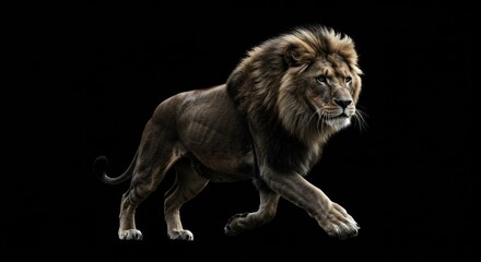 Obraz premium Majestic Lion Walking Proudly in Darkness, Symbolizing Power and Elegance on a Black Backdrop