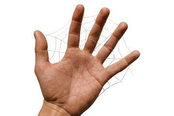A close-up of a male hand with delicate threads forming a spider web pattern, showcasing creativity and fragility.