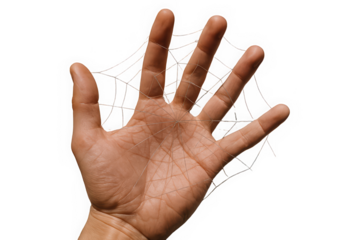 A close-up of a male hand with delicate threads forming a spider web pattern, showcasing creativity and fragility.
