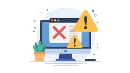 Computer screen displaying an error message with warning signs and a potted plant beside it