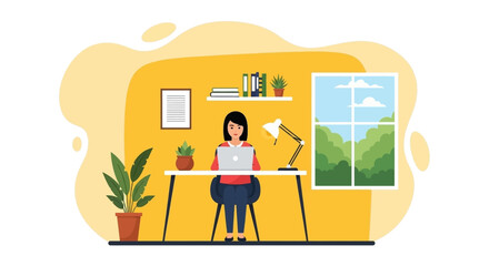 Woman working from home on laptop, bright and cheerful illustration for blog, website or social media.