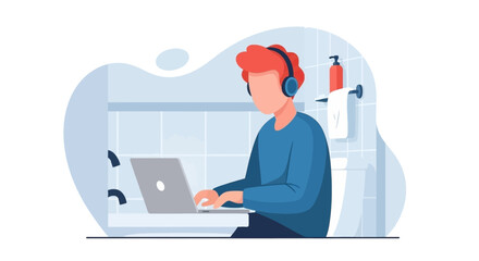 Man working on laptop in bathroom, illustration for blog post about remote work.