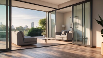 Obraz premium Bright Modern Apartment Living Room with Sliding Glass Doors and City View Balcony