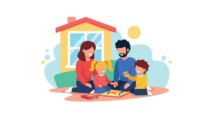 Happy family playing board games at home, perfect for family blogs, websites, and parenting resources.