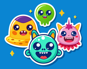 Cute cartoon monster sticker set on blue background illustration